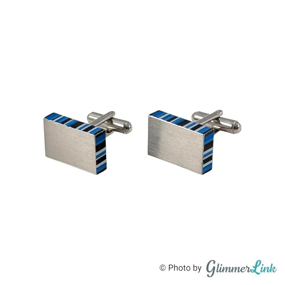 Rectangle Blue Black Stripe Rim Silver Tone Cufflinks